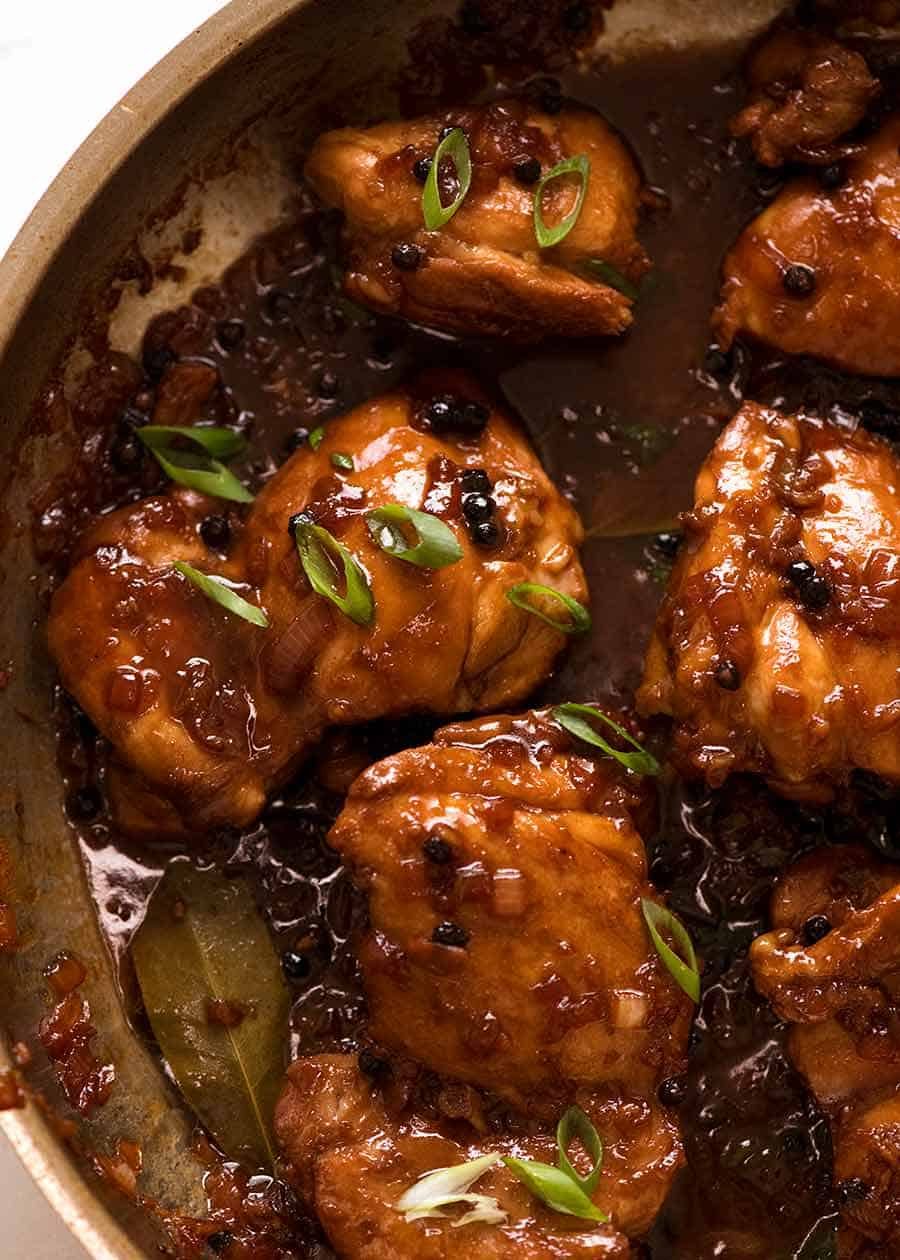 Filipino Chicken Adobo in a skillet, fresh off the stove