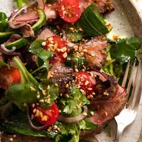 Close up overhead photo of Thai Beef Salad