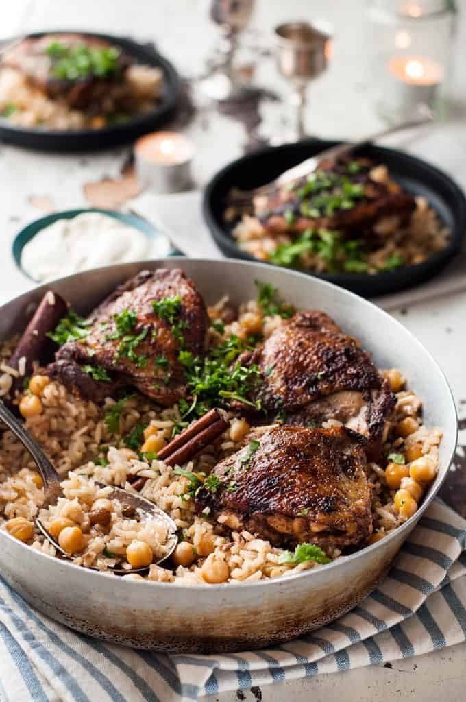 Baked Chicken Shawarma and Rice baked in one pan in a skillet, ready to be served.