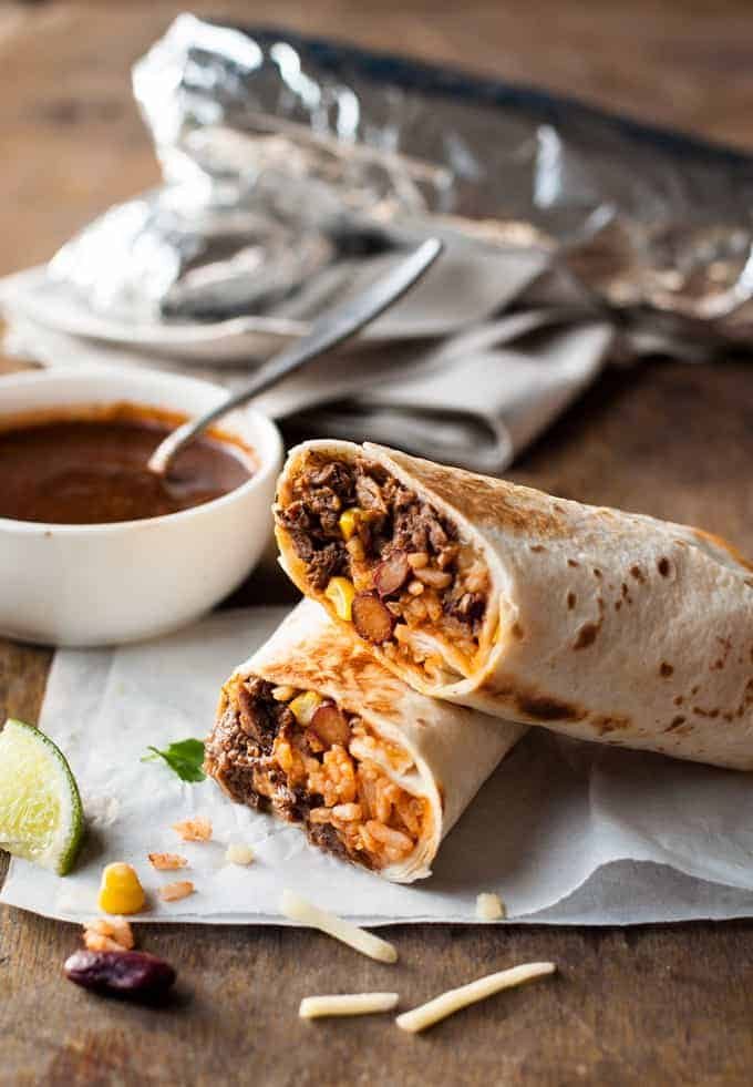 Shredded Beef Burritos cut in half