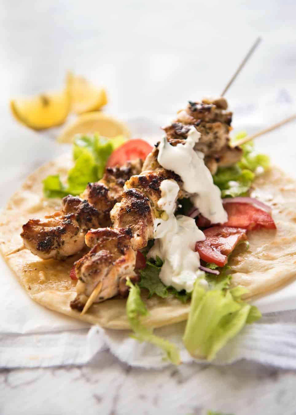 Chicken Souvlaki - Made with chicken marinated in lemon, garlic and oregano, it's so easy to make this Greek favourite at home! dev.recipetineats.com