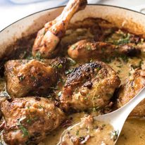 Chicken with Creamy White Wine Sauce and Bacon - So easy to prepare, then just let it braise in the oven until the chicken is tender. The sauce is incredible! dev.recipetineats.com