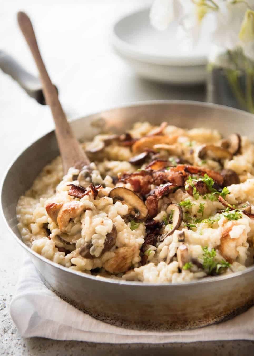 Chicken and Mushroom Risotto - Creamy risotto with golden brown saut&eacute;ed mushrooms and chicken. Easy, perfectly seasoned and beautifully creamy! recipetineats.com
