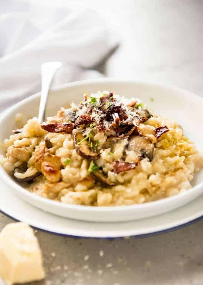Chicken and Mushroom Risotto - Creamy risotto with golden brown saut&eacute;ed mushrooms and chicken. Easy, perfectly seasoned and beautifully creamy! recipetineats.com