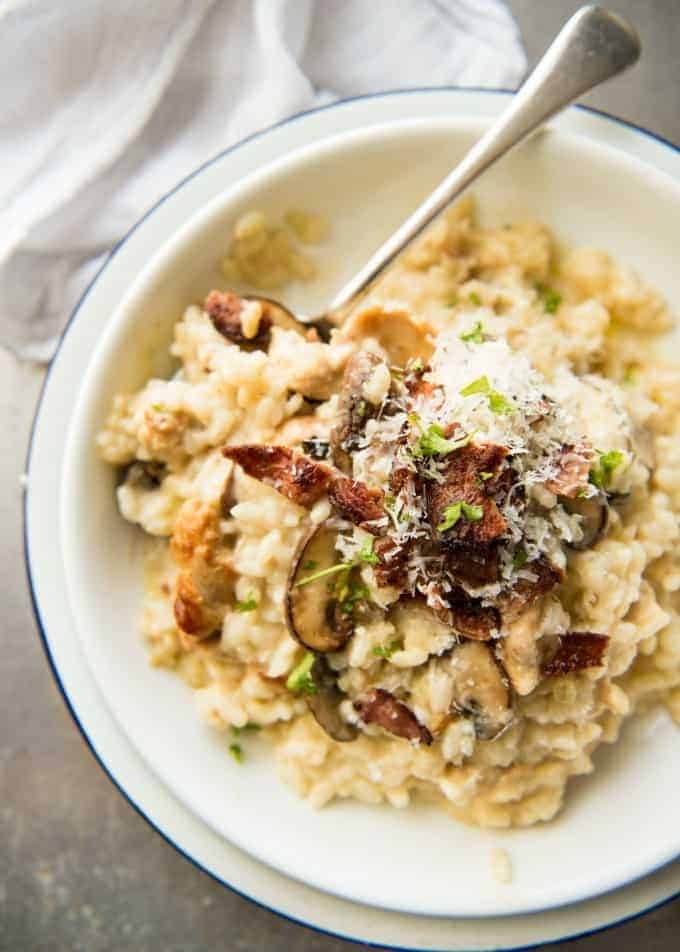 Chicken and Mushroom Risotto - Creamy risotto with golden brown saut&eacute;ed mushrooms and chicken. Easy, perfectly seasoned and beautifully creamy! recipetineats.com