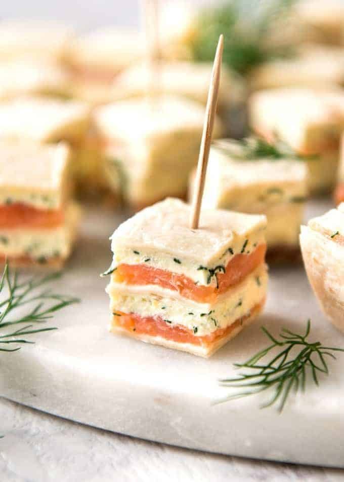 Smoked Salmon Appetizer fantastic for gatherings - no fiddly assembly, served at room temperature, looks elegant and tastes SO GOOD! dev.recipetineats.com