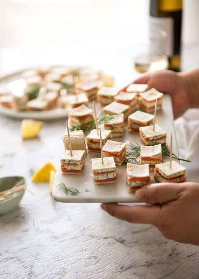 Smoked Salmon Appetizer fantastic for gatherings - no fiddly assembly, served at room temperature, looks elegant and tastes SO GOOD! dev.recipetineats.com