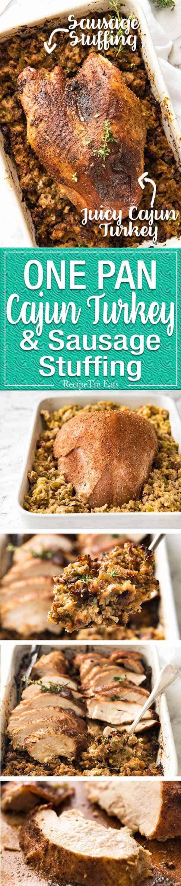 This Cajun dry brined turkey breast is baked in the same roasting pan as the Dressing / Stuffing so it's extra juicy and moist! A chef recipe, this Cajun Baked Turkey Breast with Dressing is easy and spectacular. EPIC ONE PAN COOKING for a Thanksgiving turkey! dev.recipetineats.com
