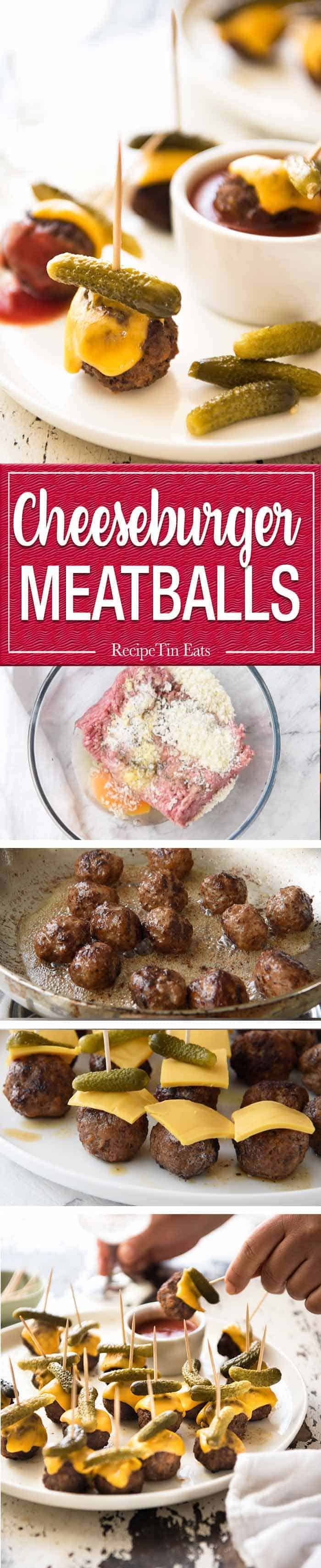 Cheeseburger Party Meatballs - tastes like a cheeseburger, in bite size form! Great for making ahead - fully assemble (inc toothpicks), 90 sec reheat in microwave. dev.recipetineats.com