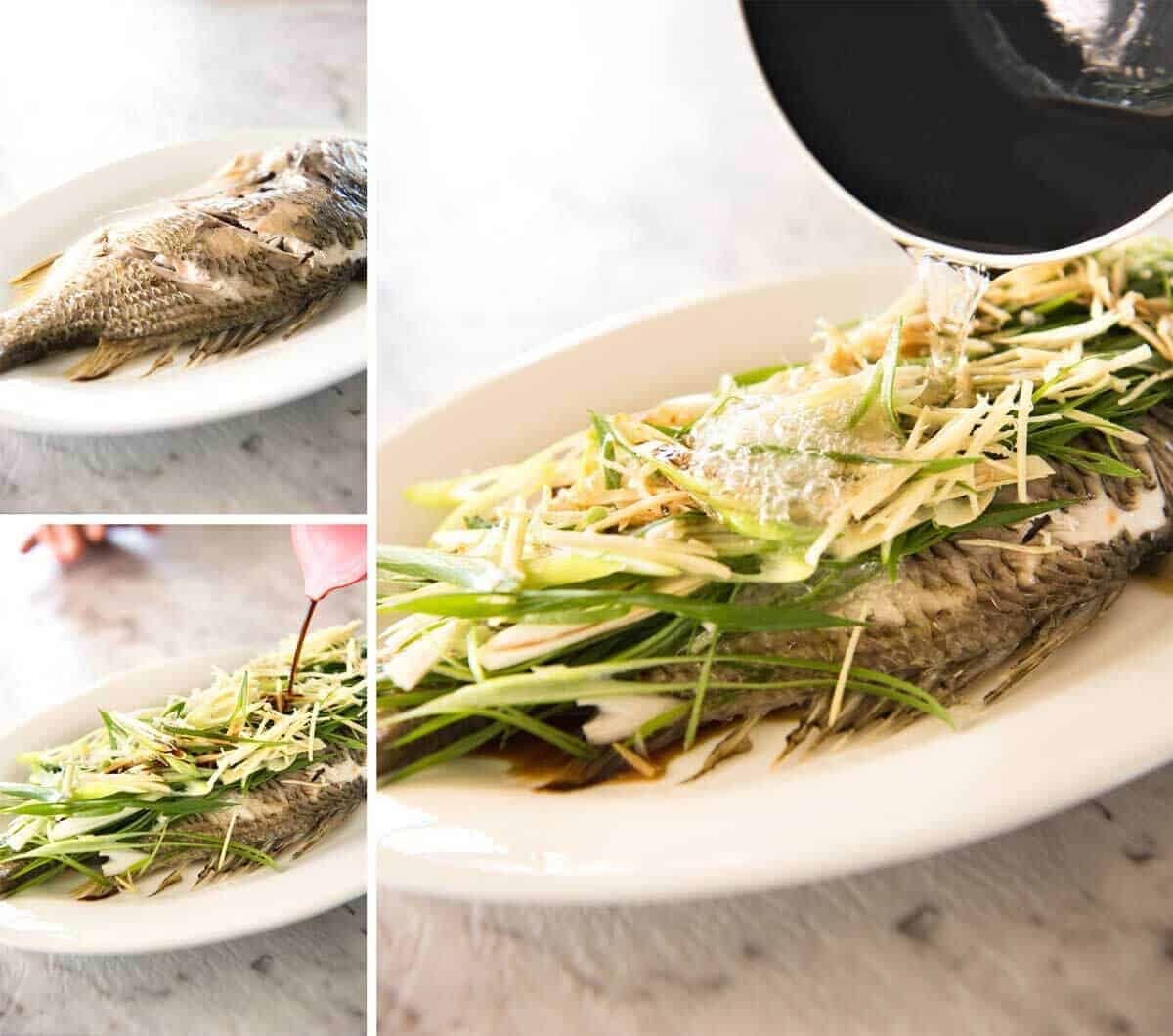 A Chinese Steamed Fish topped with Ginger and Shallots and seasonings, with hot oil poured over it to create a dramatic sizzle and an amazing sauce. So simple, yet so utterly delicious. Steam OR bake the fish! dev.recipetineats.com