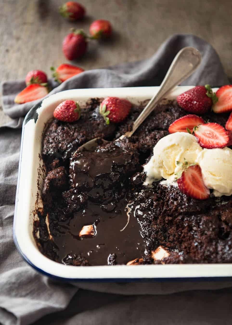 Chocolate Self Saucing Pudding - 1 batter transforms into a moist chocolate cake with a beautiful silky chocolate sauce! 10 minutes active effort. recipetineats.com
