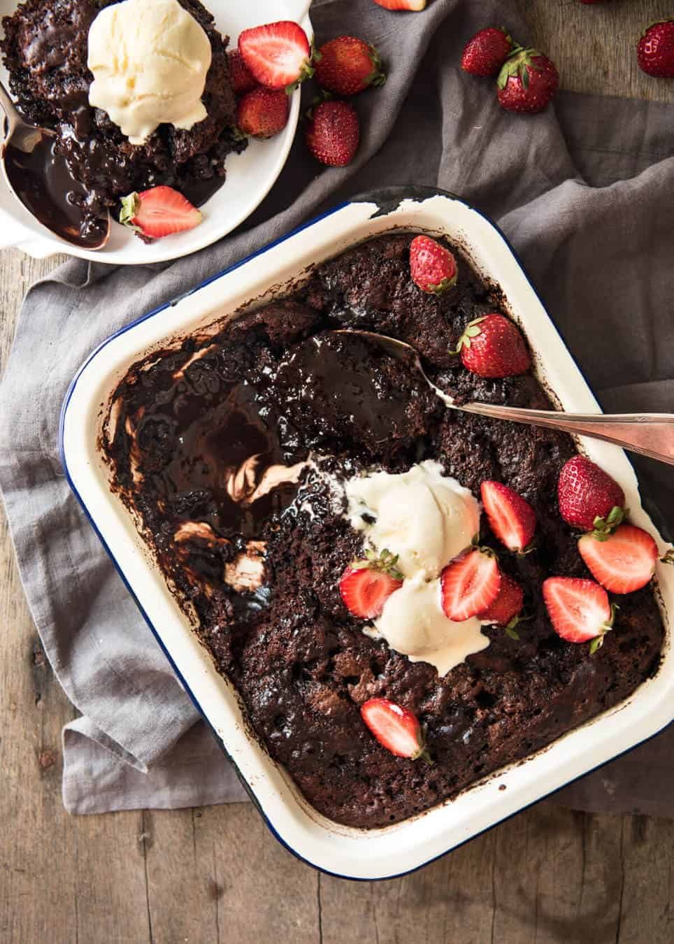 Chocolate Self Saucing Pudding - 1 batter transforms into a moist chocolate cake with a beautiful silky chocolate sauce! 10 minutes active effort. dev.recipetineats.com