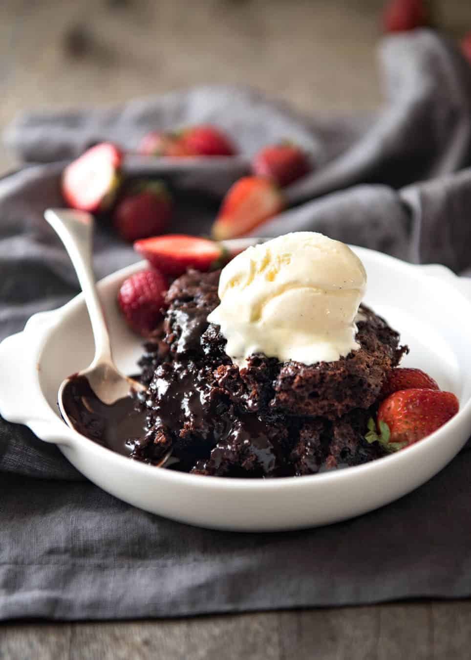 Chocolate Self Saucing Pudding - 1 batter transforms into a moist chocolate cake with a beautiful silky chocolate sauce! 10 minutes active effort. dev.recipetineats.com