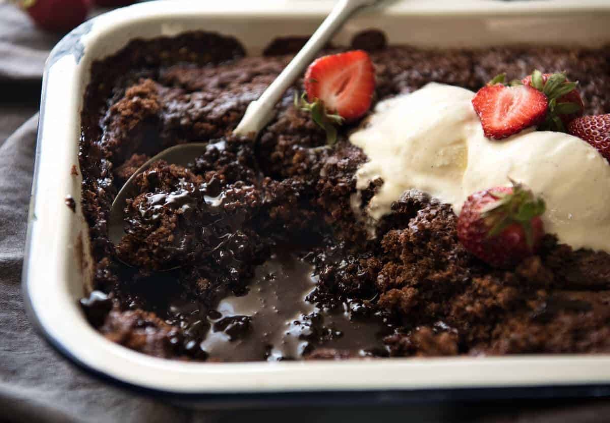 Chocolate Self Saucing Pudding - 1 batter transforms into a moist chocolate cake with a beautiful silky chocolate sauce! 10 minutes active effort. dev.recipetineats.com