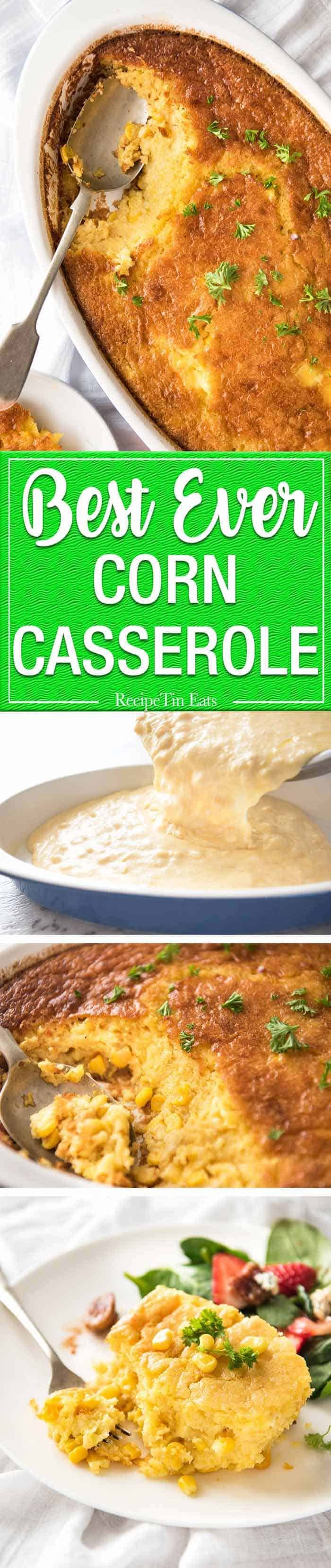 This Creamy Corn Casserole is a fantastic side dish! It's like a cross between corn bread and souffl&eacute;. Sweet and savoury, tender and moist inside, with a golden top. Classic Thanksgiving side dish! recipetineats.com