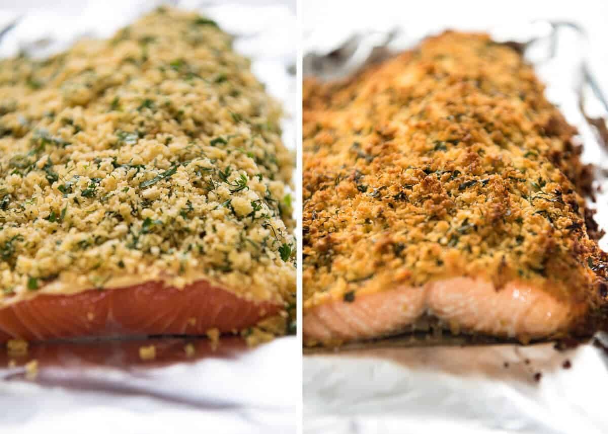 Baked Parmesan Crusted Salmon with Lemon Cream Sauce - easy and fast to make, can be prepared ahead, a stunning centrepiece for Christmas dinner and yet easy enough for midweek. That Lemon Cream sauce is the perfectly finishing tough. dev.recipetineats.com