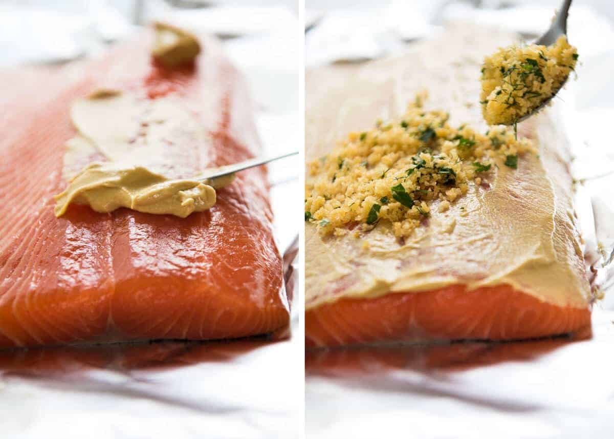Baked Parmesan Crusted Salmon with Lemon Cream Sauce - easy and fast to make, can be prepared ahead, a stunning centrepiece for Christmas dinner and yet easy enough for midweek. That Lemon Cream sauce is the perfectly finishing tough. dev.recipetineats.com