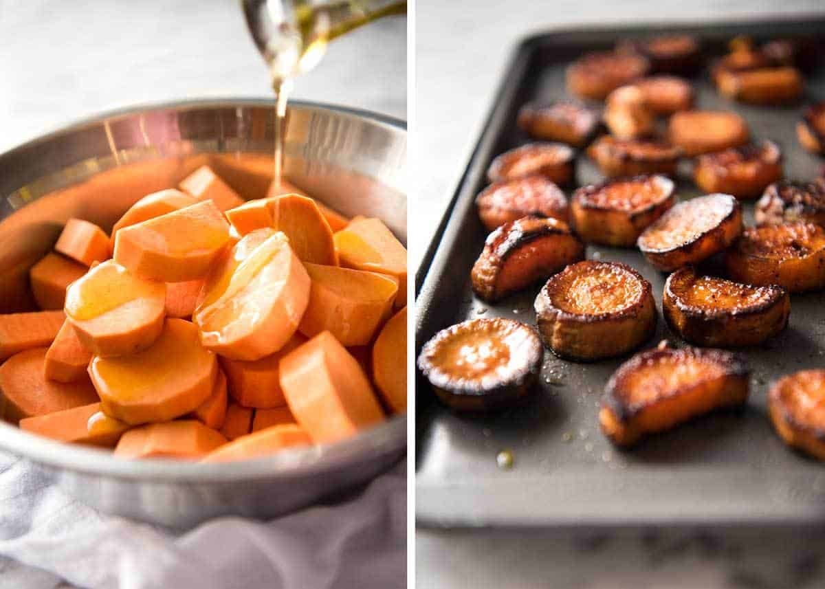Roasted Sweet Potato Salad - with arugula/rocket, pecans, goats cheese or feta, a sprinkle of bacon and a beautiful Honey Lemon dressing. dev.recipetineats.com