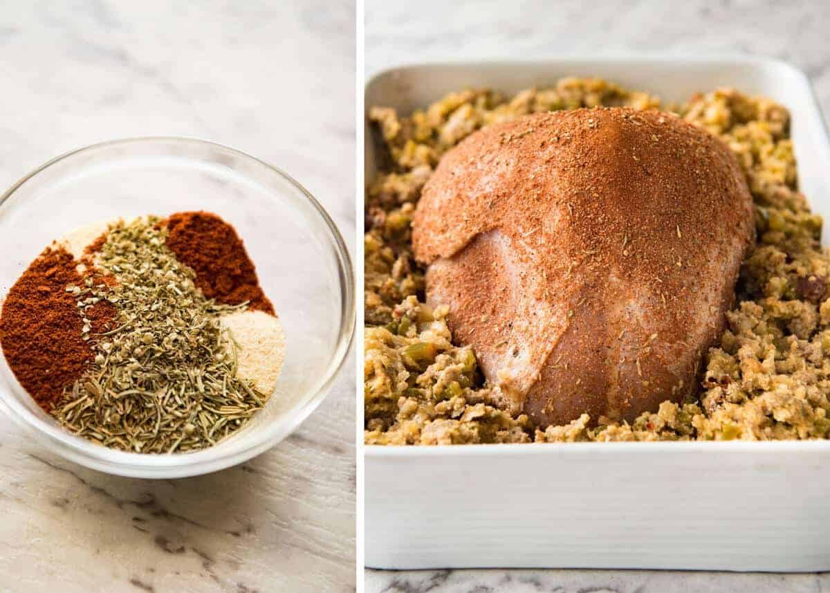 This Cajun dry brined turkey breast is baked in the same roasting pan as the Dressing / Stuffing so it's extra juicy and moist! A chef recipe, this Cajun Baked Turkey Breast with Dressing is easy and spectacular. EPIC ONE PAN COOKING for a Thanksgiving turkey! dev.recipetineats.com