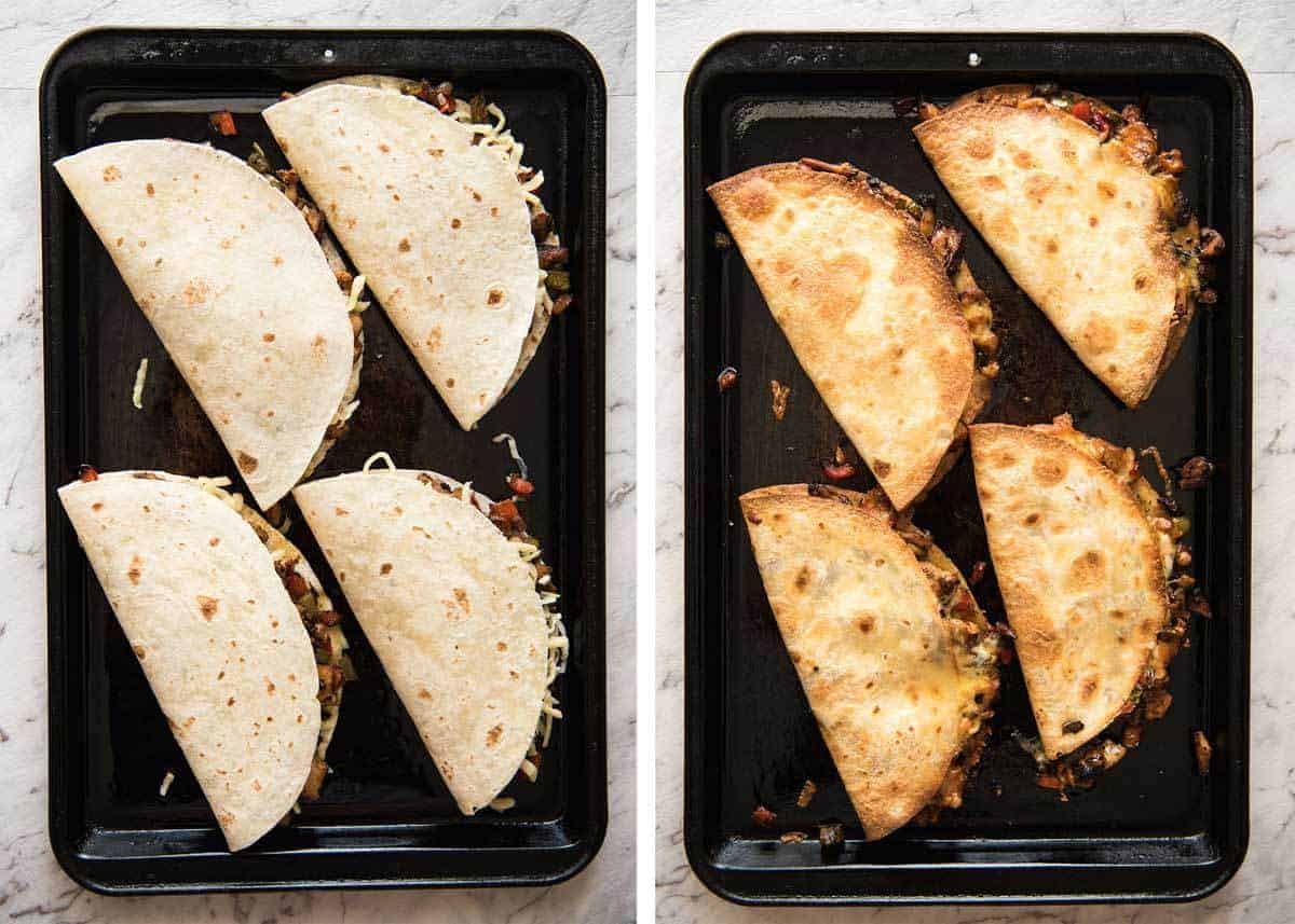 Crispy Oven Baked Chicken Quesadillas - This is how to make multiple Quesadillas at the same time! Crispy on the outside, stuffed with Mexican seasoned chicken and capsicum / bell peppers (and cheese of course!) dev.recipetineats.com