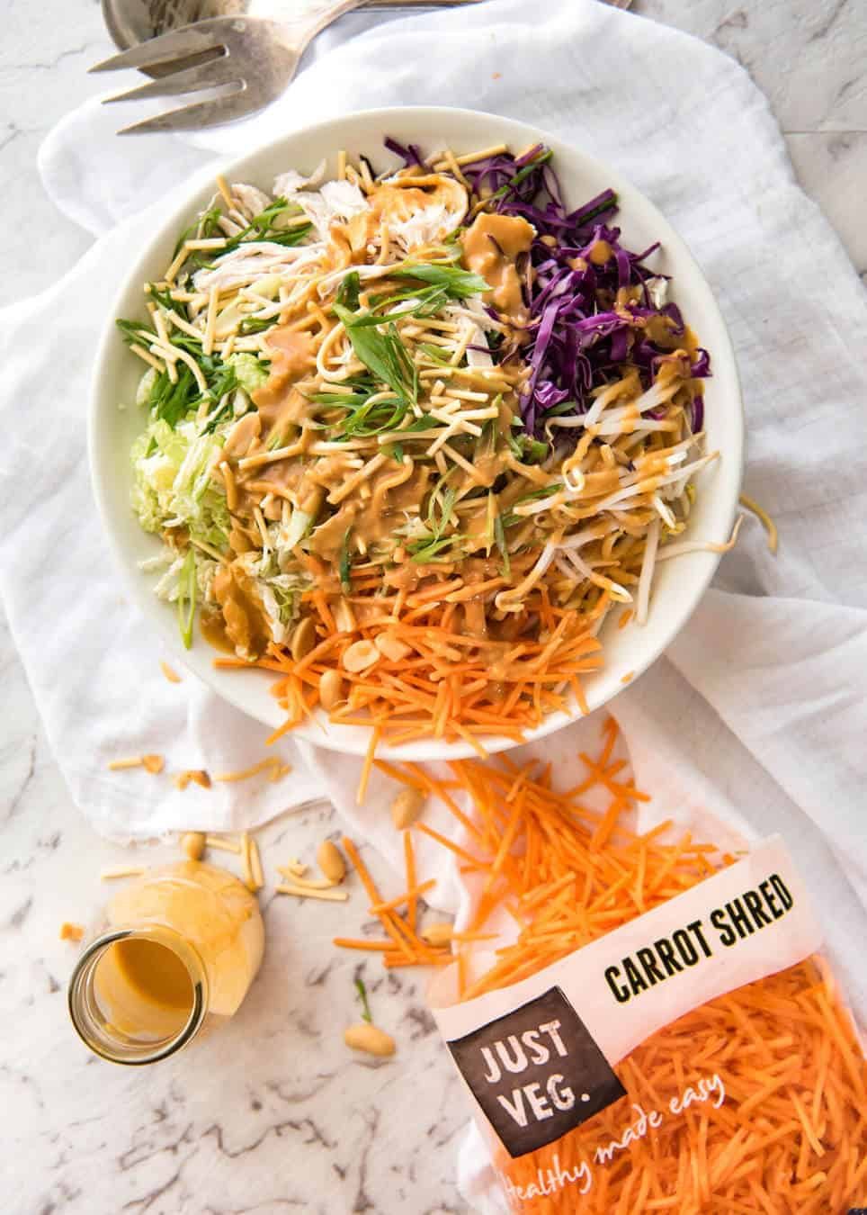 Chinese Chicken Salad with Asian Peanut Salad Dressing - made with cabbage, shredded chicken, crunchy noodles, carrot and a killer peanut dressing! dev.recipetineats.com
