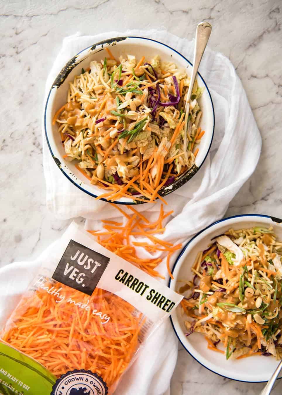 Chinese Chicken Salad with Asian Peanut Salad Dressing - made with cabbage, shredded chicken, crunchy noodles, carrot and a killer peanut dressing! dev.recipetineats.com