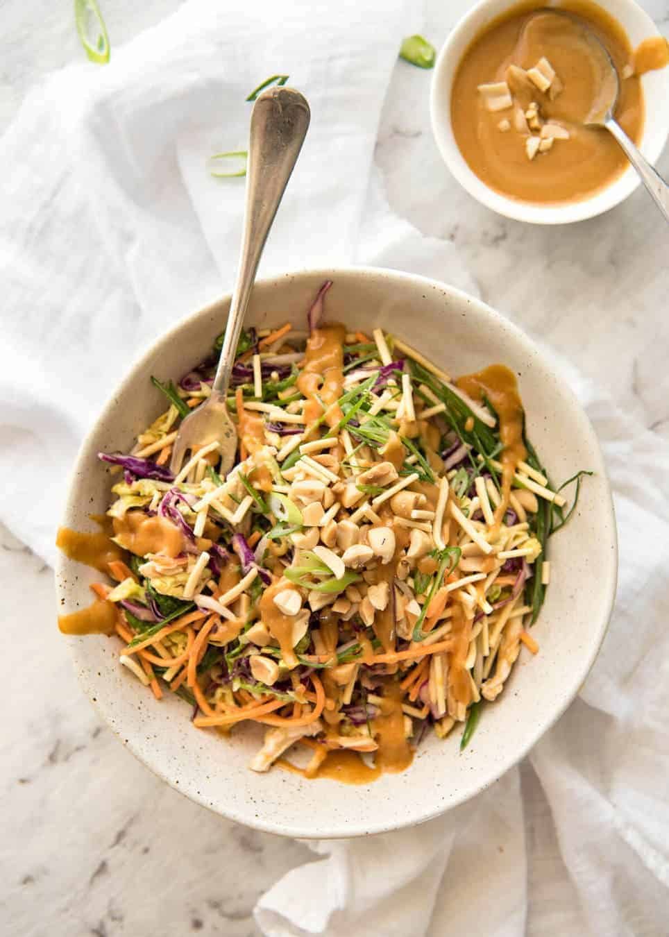 Chinese Chicken Salad with Asian Peanut Salad Dressing - made with cabbage, shredded chicken, crunchy noodles, carrot and a killer peanut dressing! dev.recipetineats.com