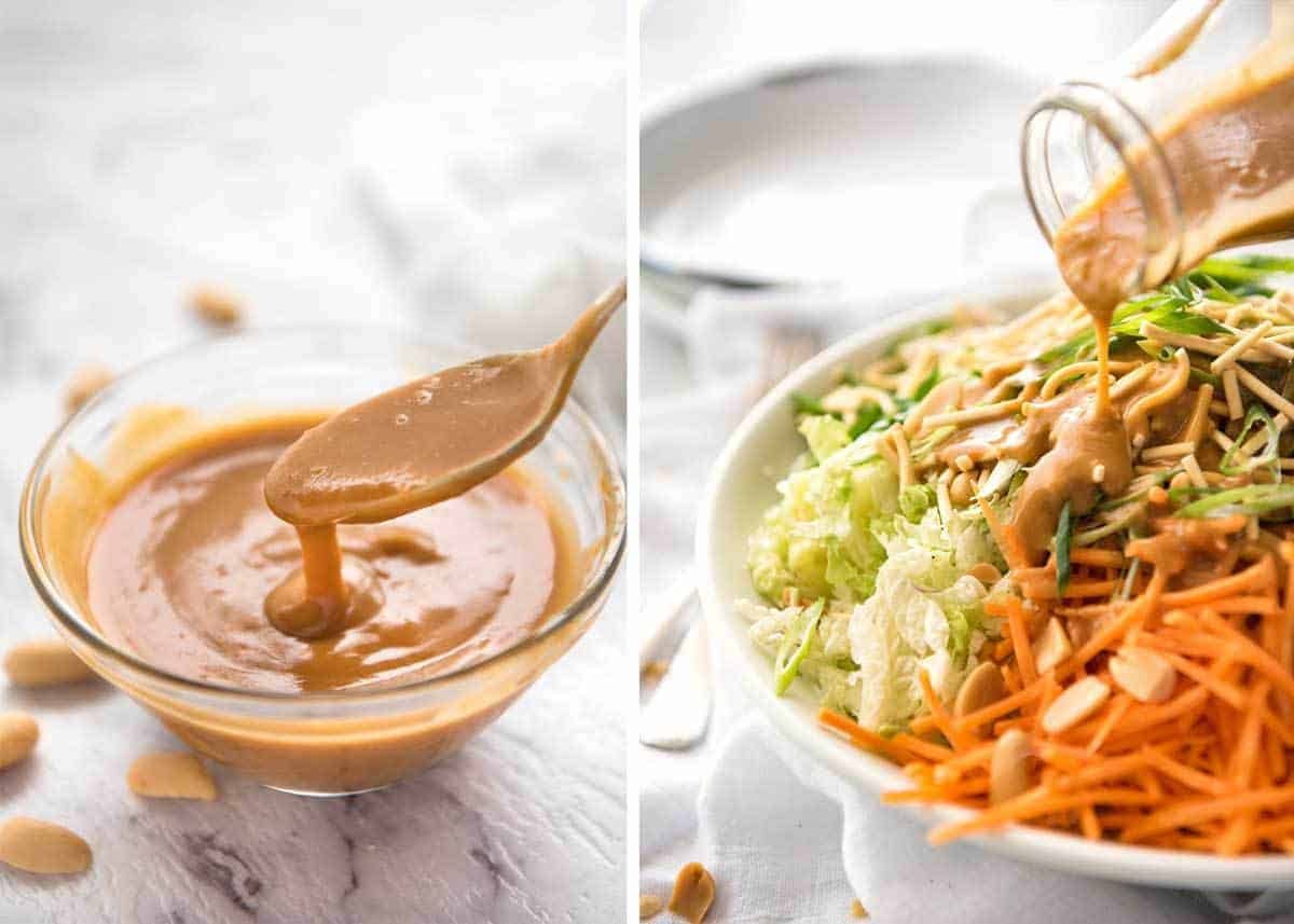 Chinese Chicken Salad with Asian Peanut Salad Dressing - made with cabbage, shredded chicken, crunchy noodles, carrot and a killer peanut dressing! dev.recipetineats.com