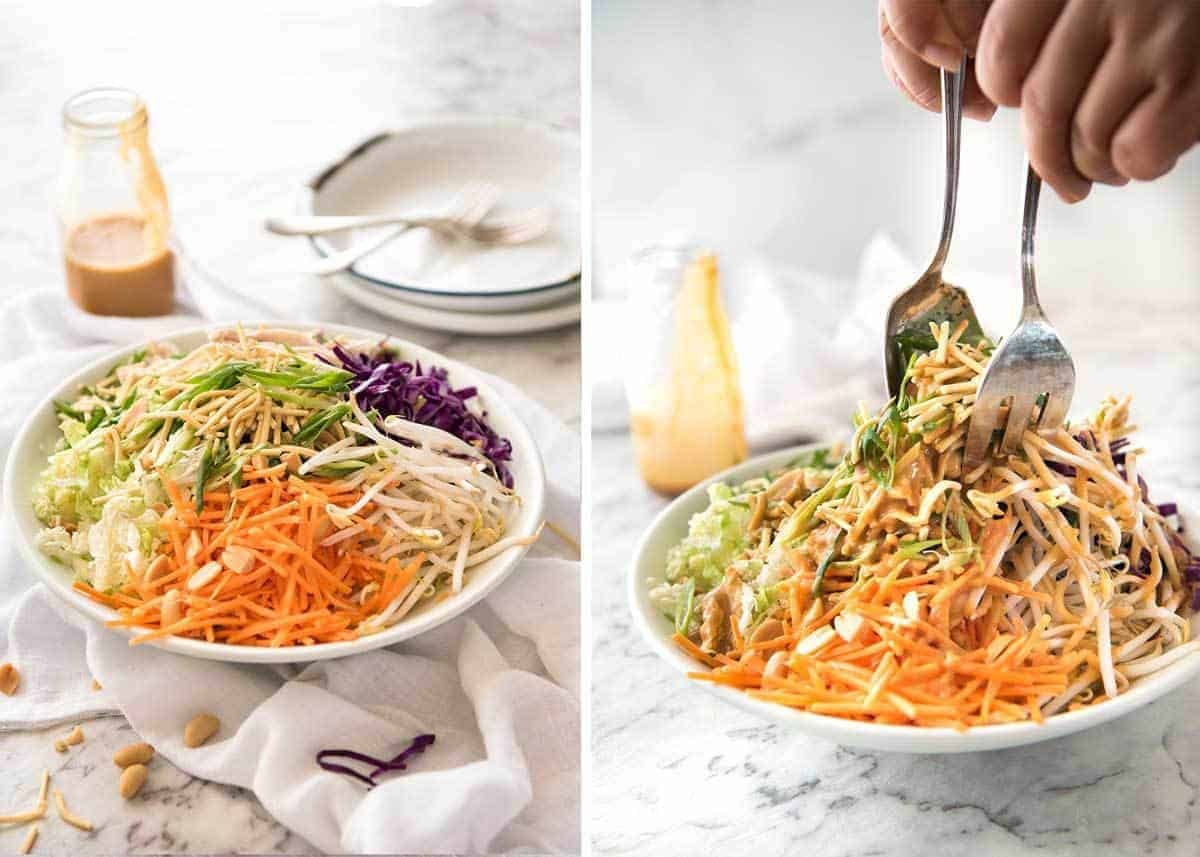Chinese Chicken Salad with Asian Peanut Salad Dressing - made with cabbage, shredded chicken, crunchy noodles, carrot and a killer peanut dressing! dev.recipetineats.com