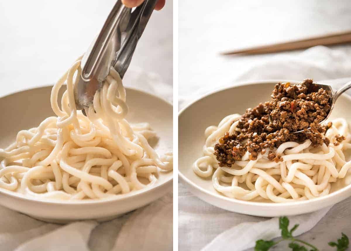 Chinese Pork Mince with Noodles (Zha Jiang Mian) - Super quick and super tasty, affectionally known as "Chinese Bolognese". The pork is savoury with a touch of heat and spice, perfect mixed through noodles! dev.recipetineats.com