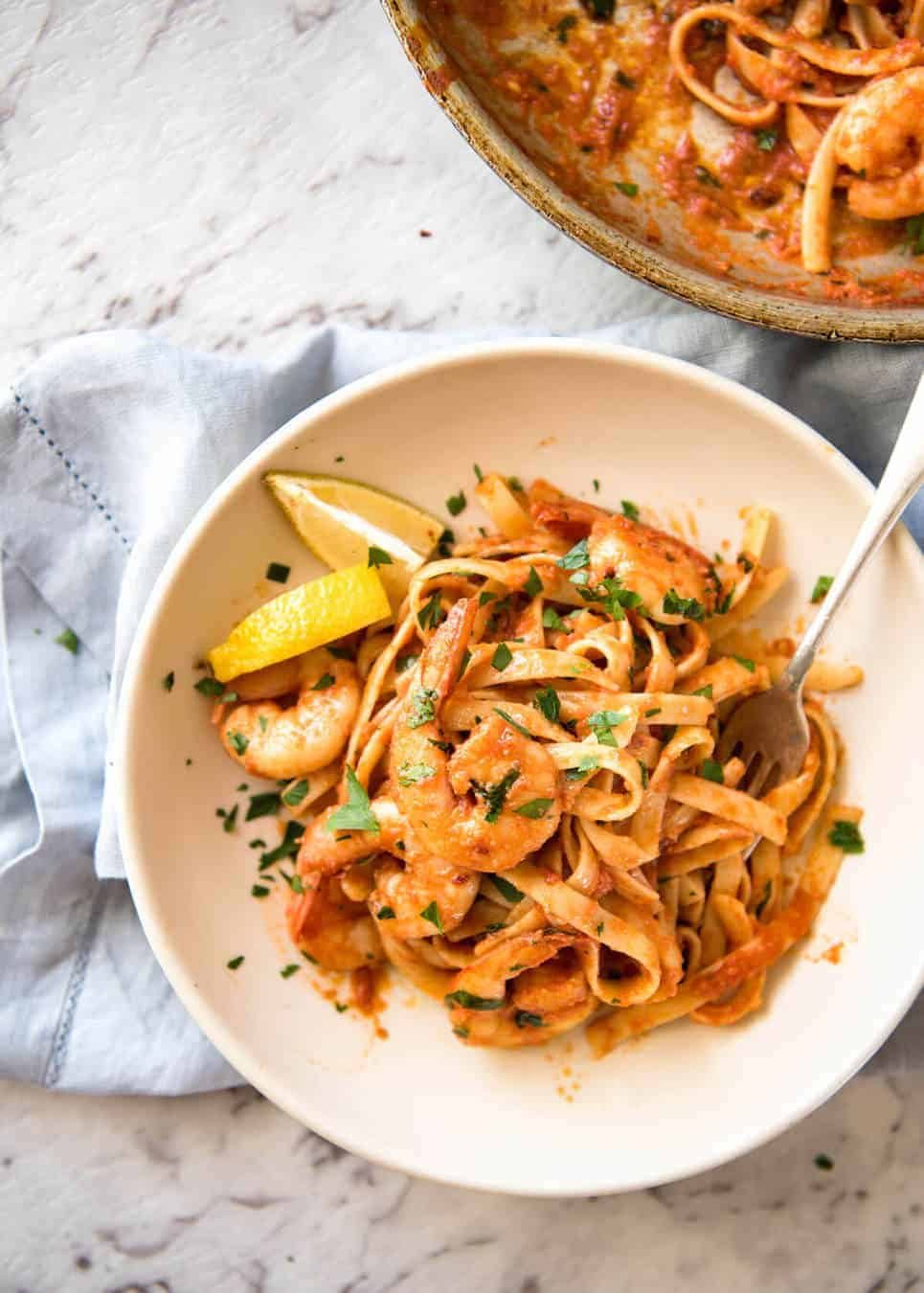 Spicy Chilli Prawn Pasta (Shrimp) - A super quick 15 minute meal with a secret ingredient that makes all the difference! dev.recipetineats.com