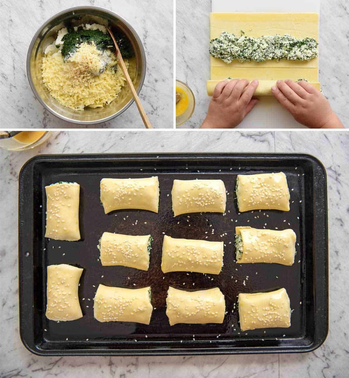 Spinach and Ricotta Rolls - a moist cheesy filling enclosed with buttery flaky puff pastry. Great make ahead for freezing! dev.recipetineats.com