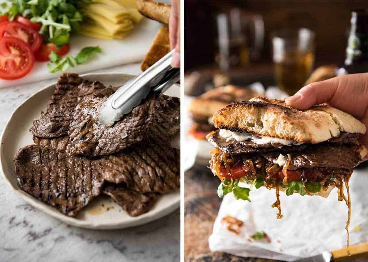A juicy Steak Sandwich loaded with tender slices of steak, caramelised onion, garlic aioli, lettuce, tomato and mustard. dev.recipetineats.com