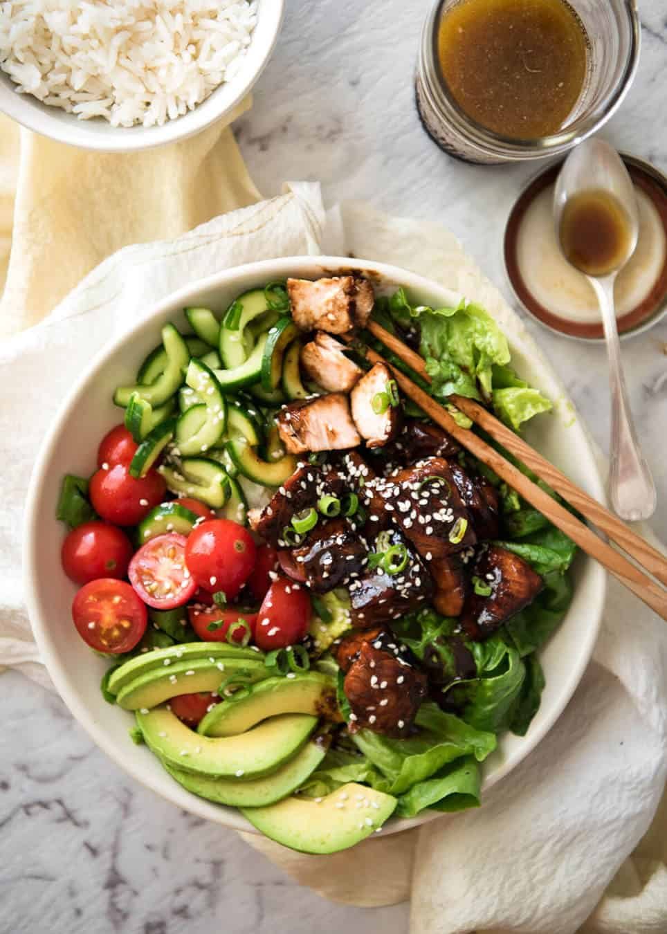 Asian Salmon Salad - Salmon dripping in a gorgeous Asian glaze on a fresh, vibrant salad drizzled with sesame dressing. Quick to make, packed with serious flavour! dev.recipetineats.com