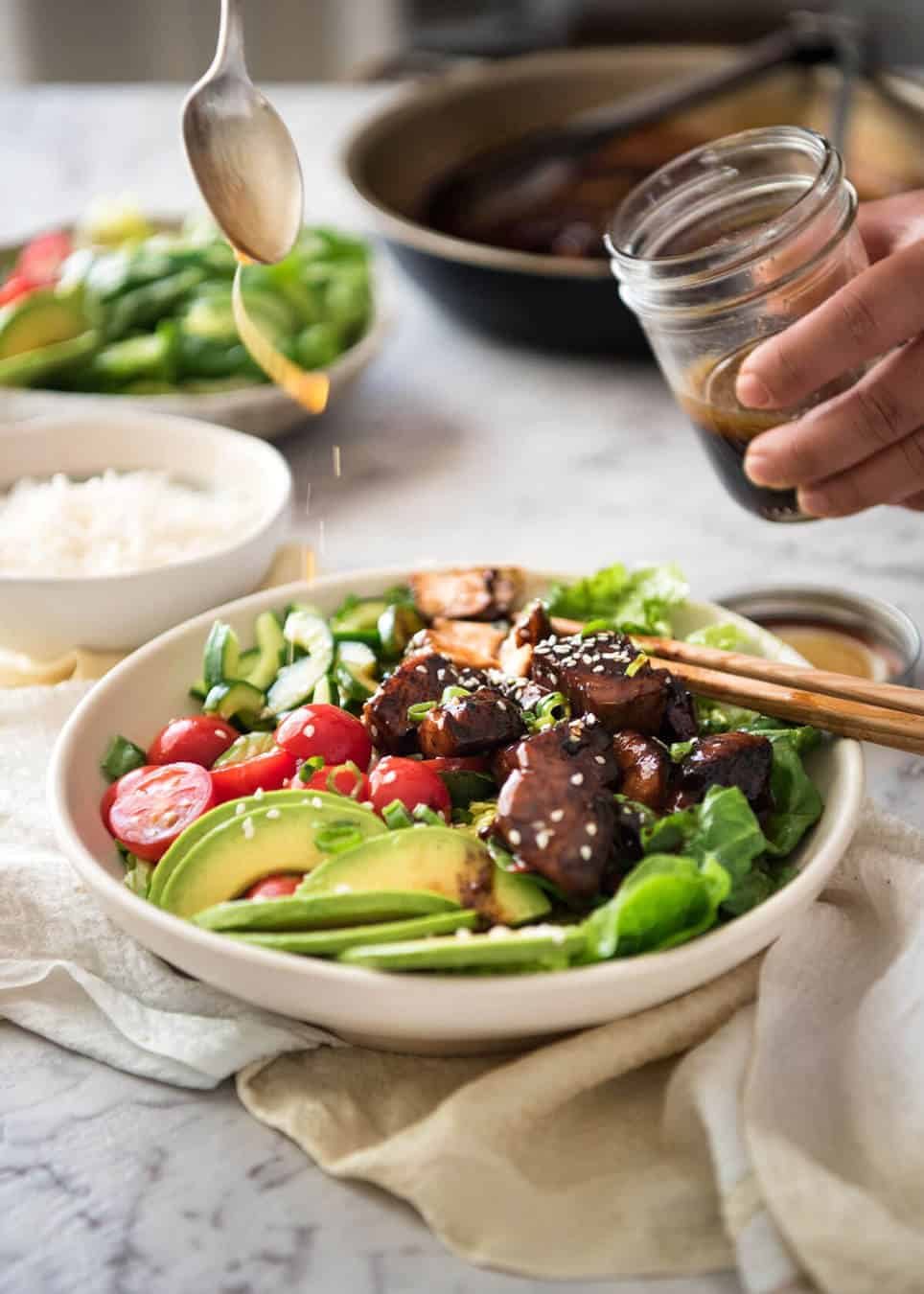 Asian Salmon Salad - Salmon dripping in a gorgeous Asian glaze on a fresh, vibrant salad drizzled with sesame dressing. Quick to make, packed with serious flavour! dev.recipetineats.com