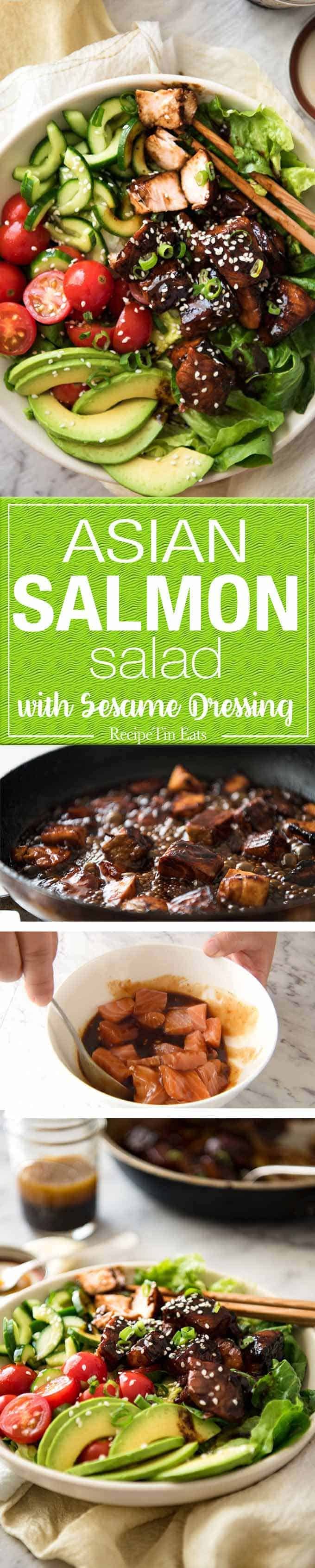 Asian Salmon Salad - Salmon dripping in a gorgeous Asian glaze on a fresh, vibrant salad drizzled with sesame dressing. Quick to make, packed with serious flavour! dev.recipetineats.com