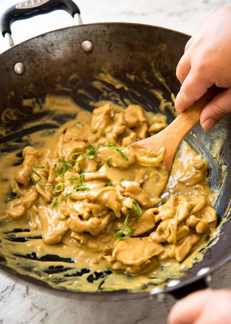 Chinese Satay Chicken Stir Fry - This is the Chinese takeout version of satay! Chicken stir fried in a satay sauce, this is made from scratch and tastes incredible. And easy! dev.recipetineats.com