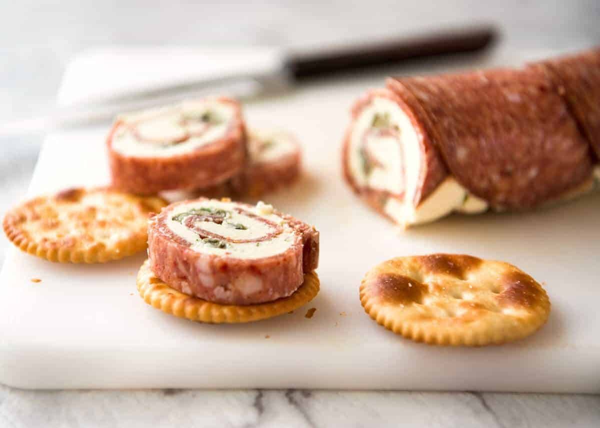 Salami Cream Cheese Roll Up - Great inexpensive party food idea! dev.recipetineats.com