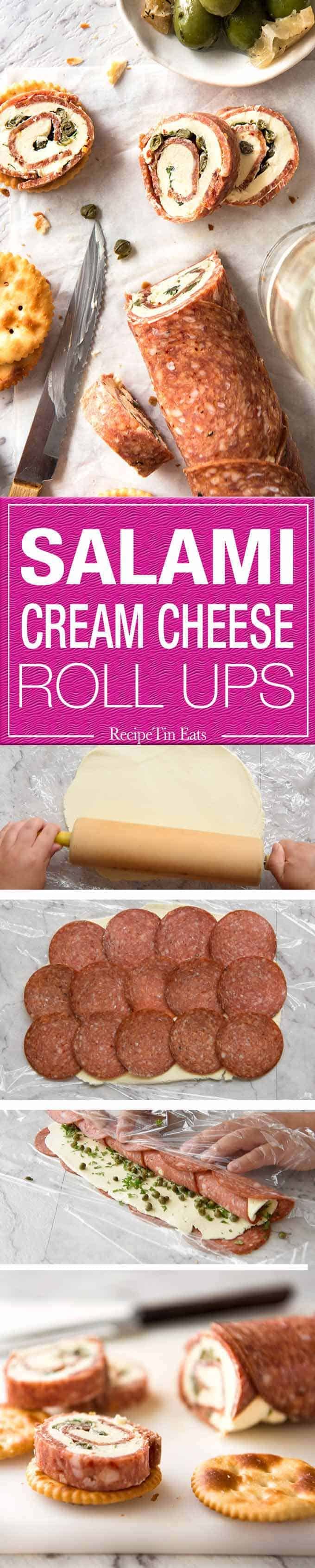 Salami Cream Cheese Roll Up - Great inexpensive party food idea! dev.recipetineats.com