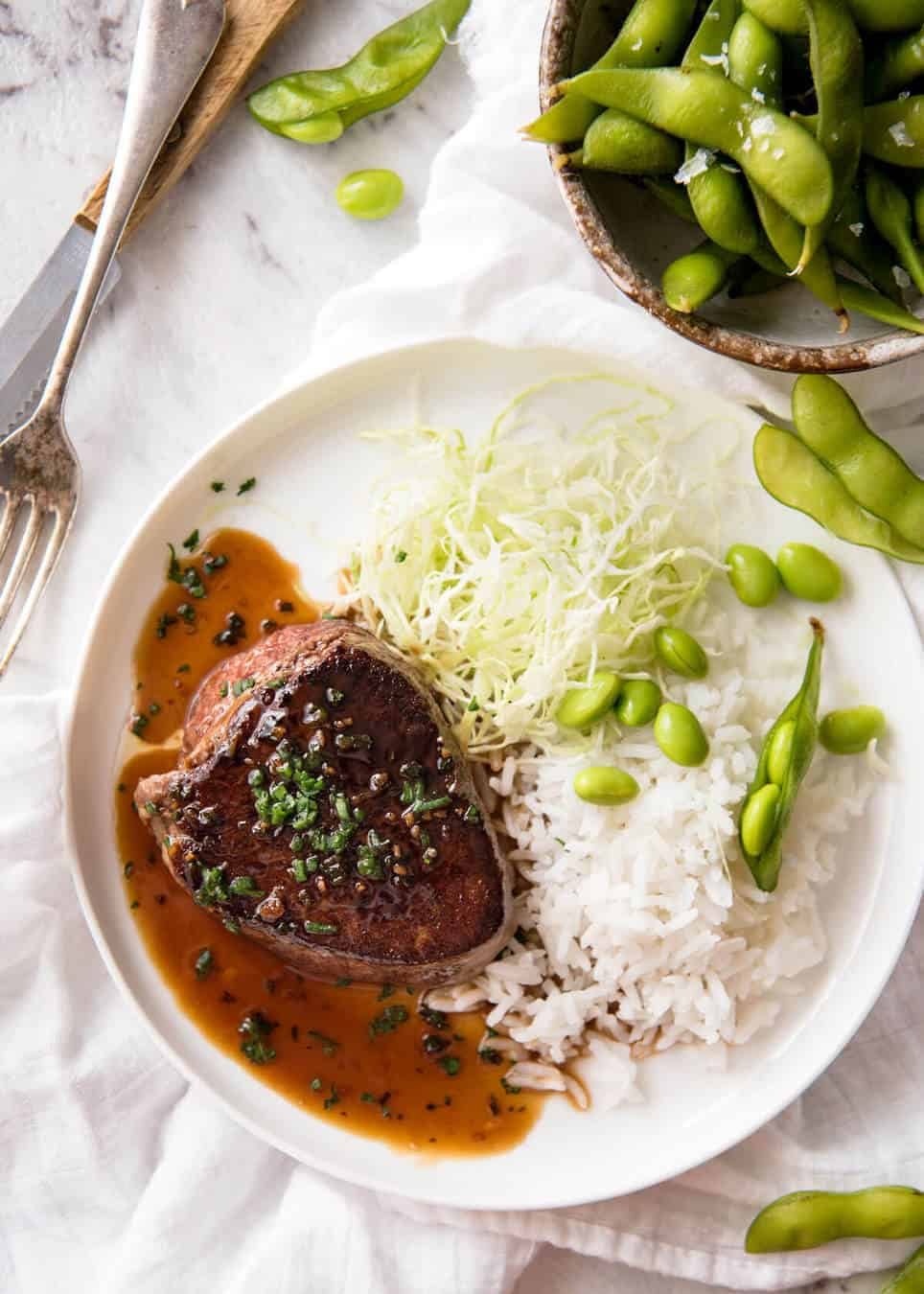 Simple yet stunning Asian Steak with a sauce inspired by the great Tetsuya! All you need is 15 minutes, soy sauce, mirin, sake or sherry, butter, garlic and ginger. Amazing! dev.recipetineats.com