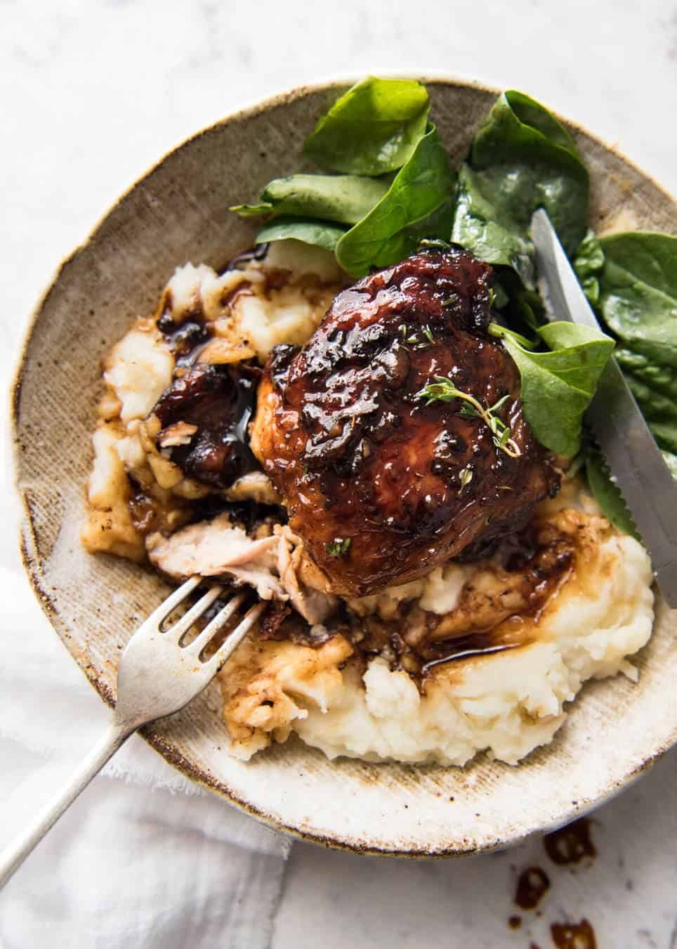 Balsamic vinegar, soy sauce, honey, sugar and garlic is all you need to make this super easy and fast Baked Balsamic Chicken! No marinating required. dev.recipetineats.com