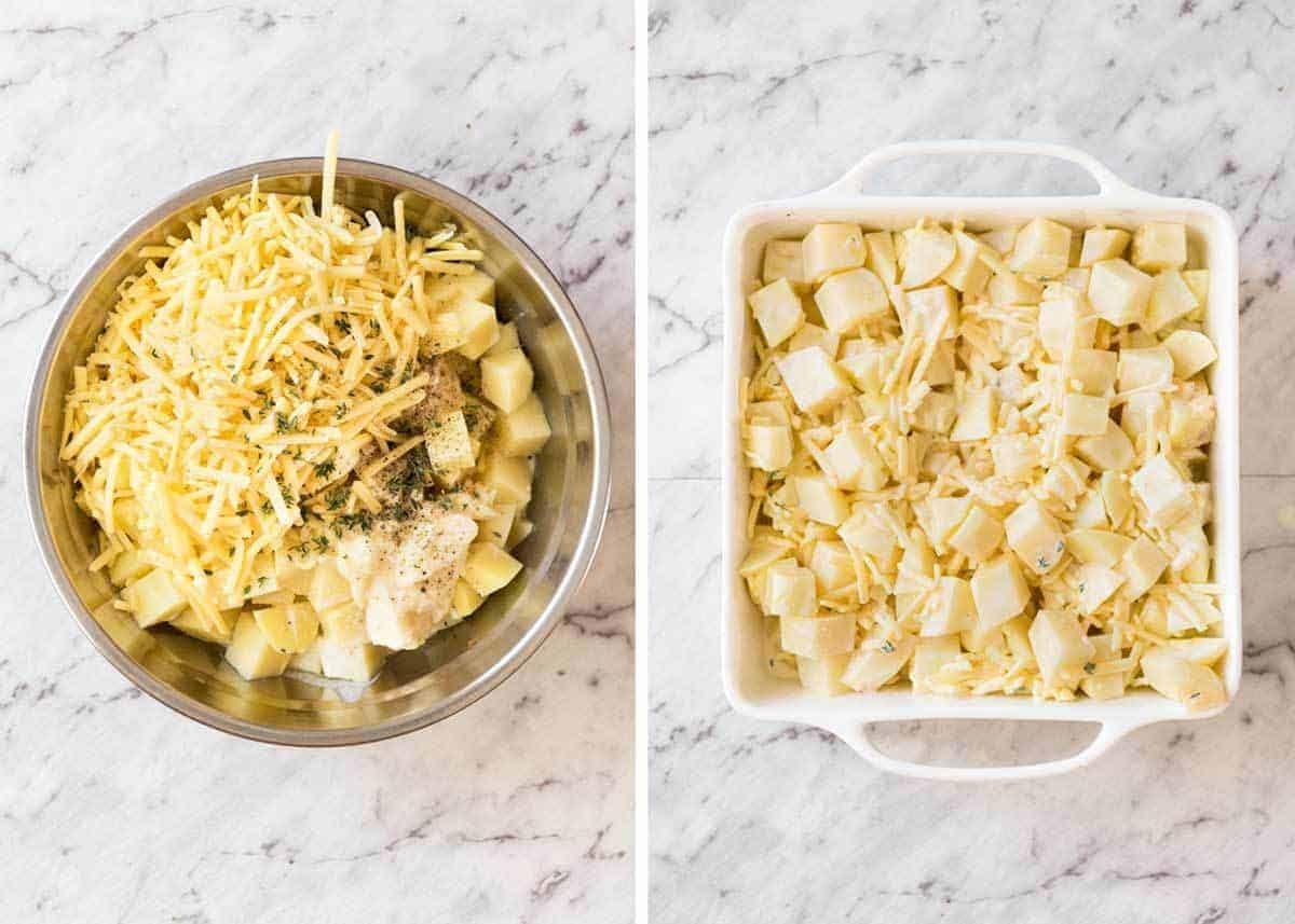A faster, cheesier, creamier alternative to Scalloped Potatoes / Potato Gratin, this Easy Creamy Cheesy Potato Bake is made with cubed potatoes cooked in a cream and cheese sauce. dev.recipetineats.com