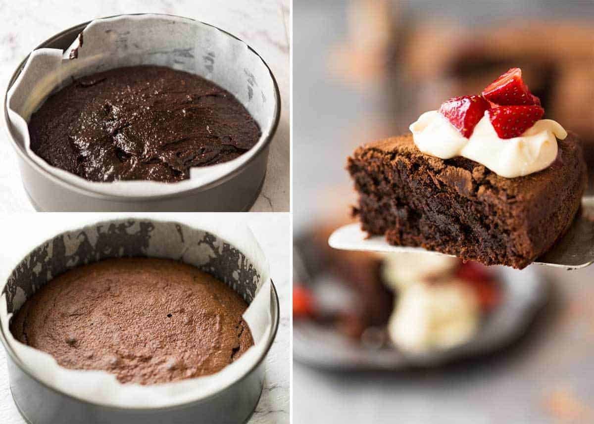 A simple Flourless Chocolate Cake made with almond meal / almond flour. Moist inside, with a thin crackly brownie-like surface. A stunning, very quick cake to make! dev.recipetineats.com