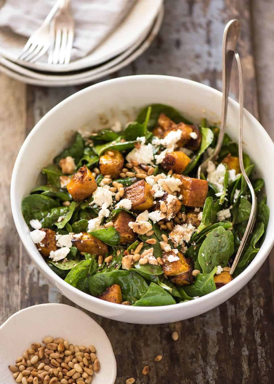This Roast Pumpkin, Spinach and Feta Salad with a Honey Balsamic Dressing is a magical combination. Terrific side or as a meal. dev.recipetineats.com