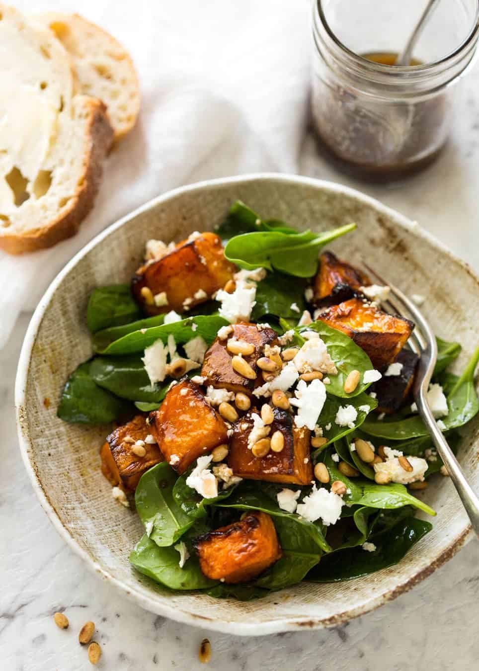 This Roast Pumpkin, Spinach and Feta Salad with a Honey Balsamic Dressing is a magical combination. Terrific side or as a meal. dev.recipetineats.com