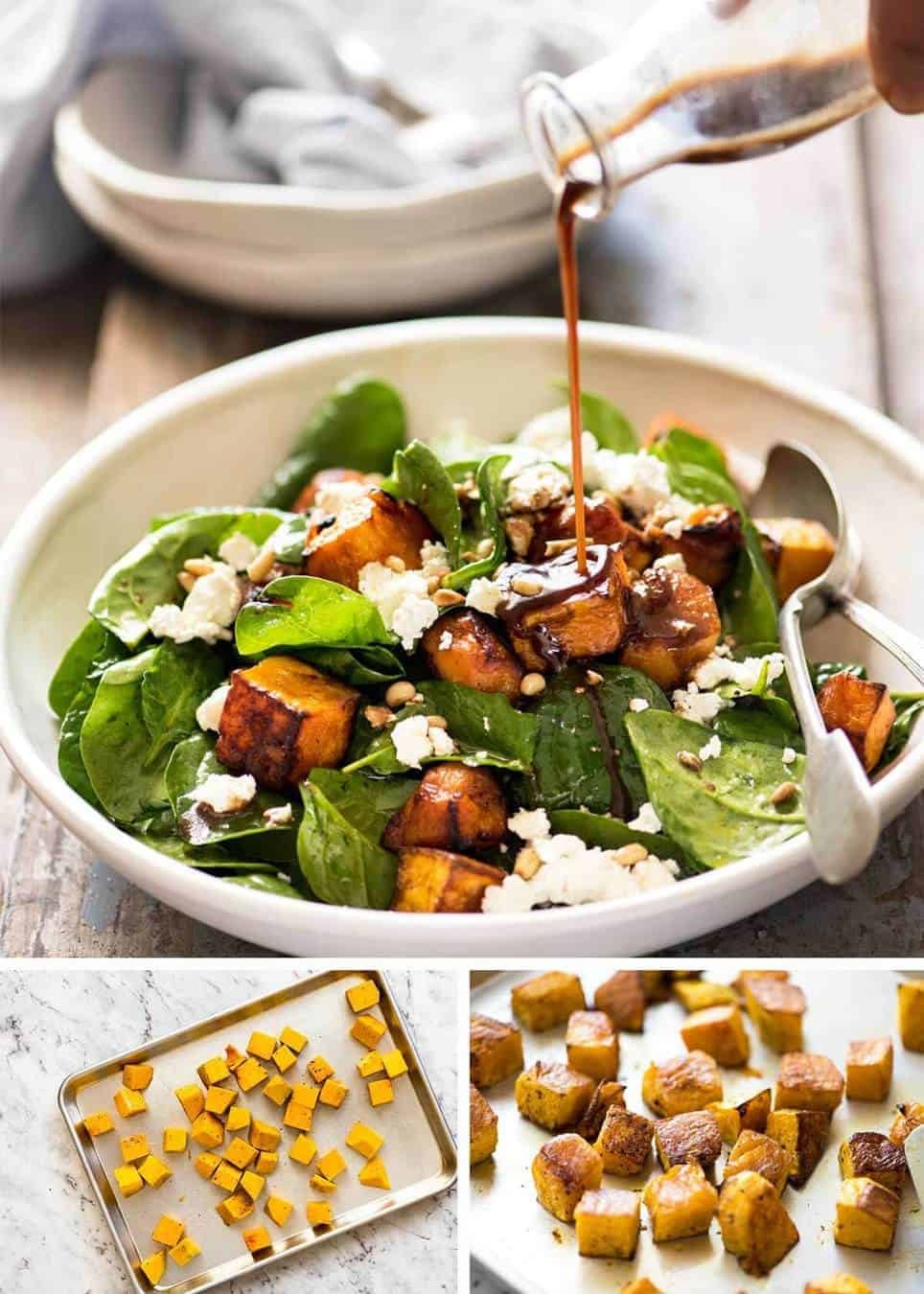 This Roast Pumpkin, Spinach and Feta Salad with a Honey Balsamic Dressing is a magical combination. Terrific side or as a meal. dev.recipetineats.com