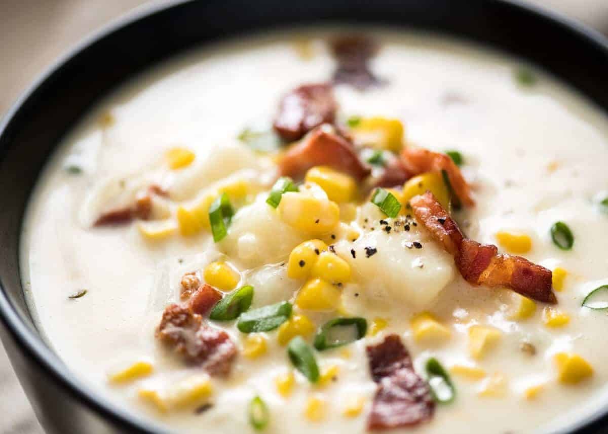 Creamy Corn Chowder with Bacon, with a couple of simple tips for make it extra tasty! dev.recipetineats.com
