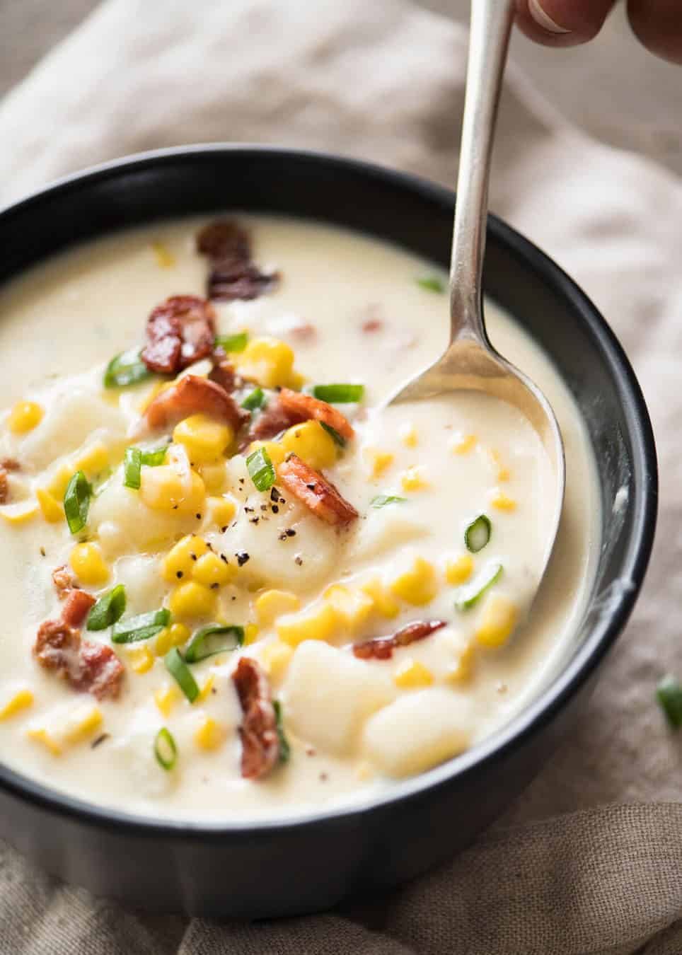 Creamy Corn Chowder with Bacon, with a couple of simple tips for make it extra tasty! dev.recipetineats.com