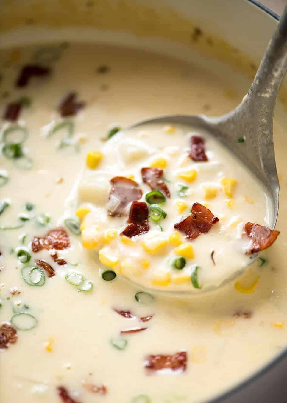 Creamy Corn Chowder with Bacon, with a couple of simple tips for make it extra tasty! dev.recipetineats.com
