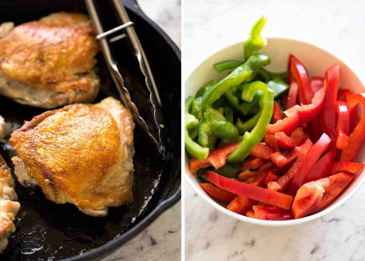 A hearty Italian Chicken Casserole with crispy chicken, capsicum / bell peppers, olives and capers. Sicilian style! dev.recipetineats.com